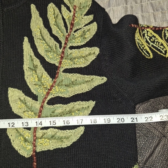 Vtg Tiara International 2004 Black Knit Full Zip Green Leaves Cardigan Sz XL - Picture 6 of 7